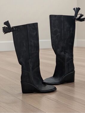 Antonio Melani Maesyn Black Women's Knee-High Wedge Boots with Tassel Size 7